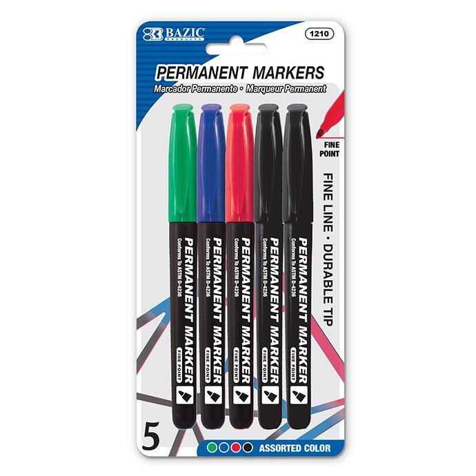 A pack of five permanent markers with green, blue, red, and two black colors, labeled "FINE POINT," and "ASSORTED COLOR."